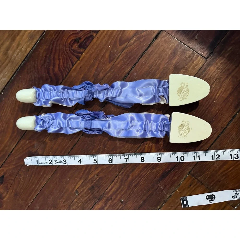 Mon Petit Shoe Vintage Style Wooden Shoe Trees Blue Satin Ruffle Ribbon Pair